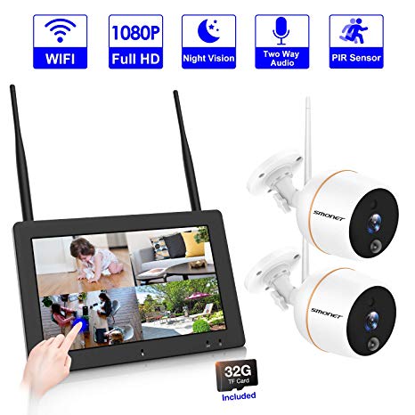 【PLUG&PLAY】4CH Wireless Security Camera System,SMONET 7" Touchscreen NVR Monitor(32G TF Card Included) With 2PCS 1080P WiFi Outdoor Security Camera,Two-Way Audio,PIR Motion Detection,Easy Remote View