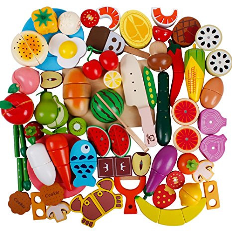 51Pcs Play Food Set for Play Kitchen Wooden Magnetic Fruits and Vegetables Pretend Cutting Toys Educational Learning Kitchen Set for Kids Toddler Boys Girls