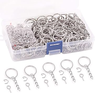 Rustark 450 Pcs Silver Flat Split Key Ring Kit Including 150 Pcs Keychain Rings with Chain, 150 Pcs Open Jump Rings Bulk and 150 Pcs Screws Eye Pin in Store Case for DIY Arts and Crafts (1 Inch/20mm)