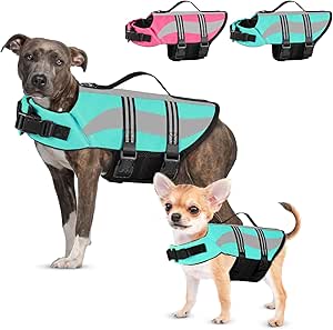 Dog Life Jacket with Reflective Stripes, Adjustable High Visibility Dog Life Vest for Boating, Ripstop Dog Swimming Vest with High Flotation for Small Medium and Large Dogs,Blue,M…