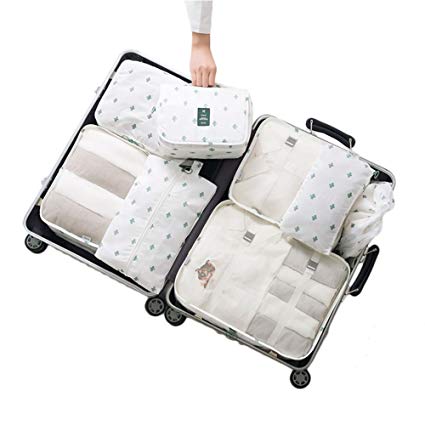 8 Pieces Luggage Packing Cubes Travel Organizers Clothes Storage Toiletry Bag (White-Green Cactus)