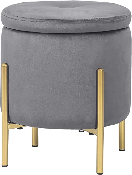ADECO Modern Upholstered Velvet Ottoman,Round/ Square Storage Ottoman with Gold Thickened Metal Legs Vanity Chair Soft Velvet Footrest Stool for Living Room Bedroom Grey