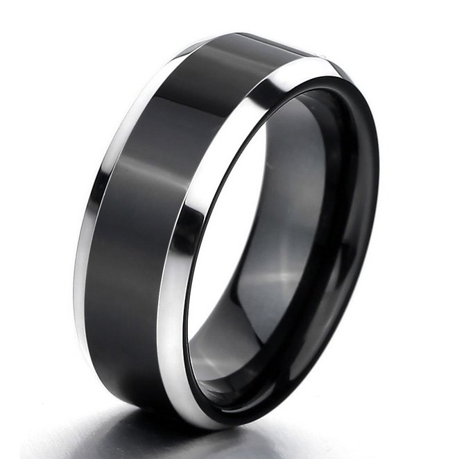 Mens Tungsten Ring Band Silver Black Comfort Fit Wedding Polished Elegant