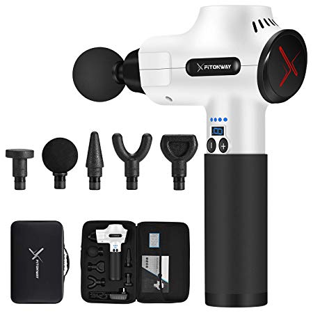 Massage Gun Deep Tissue Percussion Muscle Massager for Athletes, Self Fitness Handheld Electric Pro Body Massager, Portable Super Quiet Brushless Motor, by XFITONWAY (White)