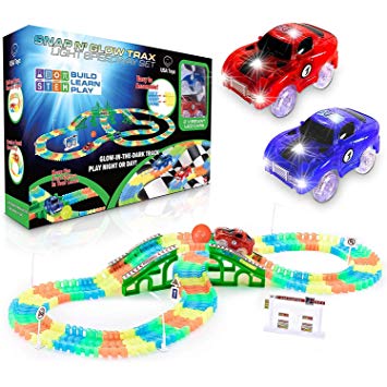 USA Toyz Glow Race Tracks for Boys or Girls - Glow in The Dark Race Car Tracks for Kids, 360pk Flexible Rainbow Race Track Set w/ 2 Light Up Snap Trax Toy Cars