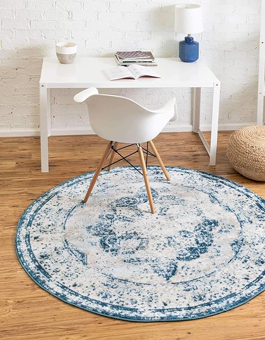 Unique Loom Sofia Collection Area Rug - Salle Garnier (5' 1" Round, Blue/ Ivory)