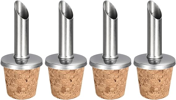 uxcell Stainless Steel Bottle Pourers, 4Pcs Olive Oil Spout Cork Design Wine Bottle Stoppers, Wine Pourers Liquor Pour Spouts for Pours Liquid, Wine, Vinegar, Most Liquor Bottles