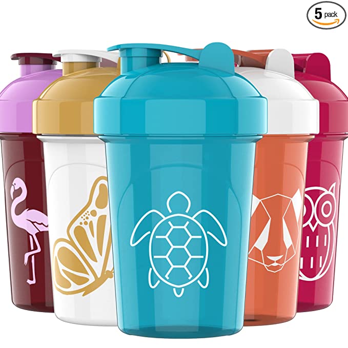 JEELA SPORTS Protein Shaker Bottles for Protein Mixes 5-Pack | Extra Mixing Grid | 20 oz Blender Shaker Cup with Measurement Marks on Side | BPA Free, Leak Proof, Dishwasher Safe