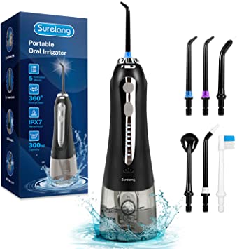 Water Flosser for Teeth, Cordless Flosser Oral Irrigator Surelang Professional Water Flosser for Braces Rechargeable Teeth Cleaning IPX 7 Waterproof, Portable Dental Flosser for Home Office and Travel