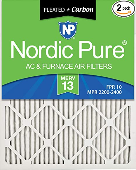 Nordic Pure 16x25x1 MERV 13 Plus Carbon Pleated AC Furnace Air Filters, 2 PACK, 2 Piece