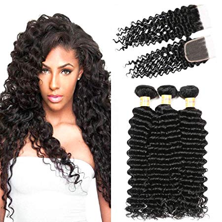 Brazilian Deep Wave Human Hair 3 Bundles With Closure 18 20 22 16 Virgin Hair Weave With Lace Closure Free Part Natural Black