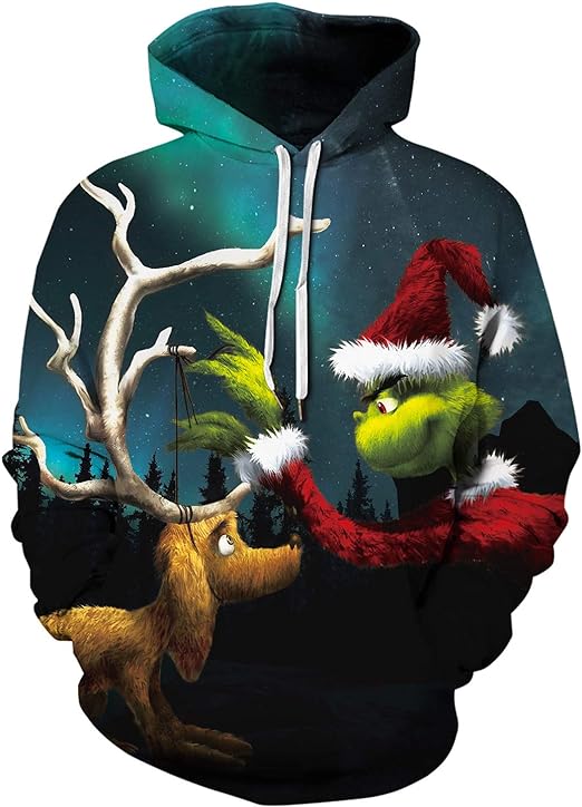 Cocopa Men’s Ugly Christmas Sweater Novelty 3D Graphic Sweatshirts Hoodie Drawstring Pullover Hoodie with Pocket