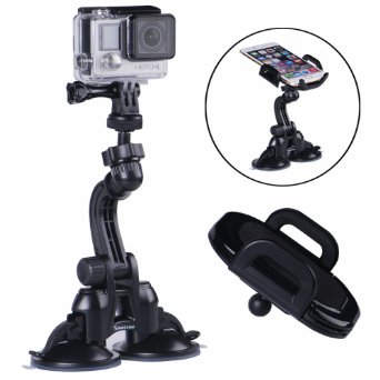 Smatree® Double Suction Cup Mount with Greater Suction Power for GoPro Hero 4, 3 , 3, 2, 1 hd, Hero & Compact Cameras with 1/4" Threaded Hole & Cell Phones; With Cell Phones Holder  Tripod Mount Adapter  Thumbscrew