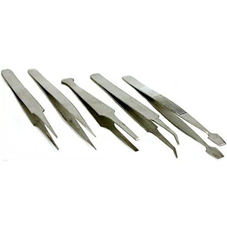 Stainless Steel Various Tipped 5pc Hobby Tweezers Set