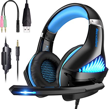 Comfortable PS4 Gaming Headset, Professional 3.5mm Headset with Rotatable, Noise Reduction Mic for PS4, Nintendo Switch,Xbox One, PC, Laptop, Mac,Smart Phone(Over-Ear And LED Lighting) (Black-blue)