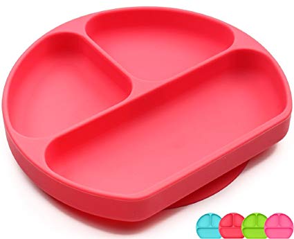 SiliKong Silicone Suction Plate for Toddlers, Fits Most Highchair Trays, BPA Free, Divided Baby Feeding Bowls Dishes for Kids (Red)