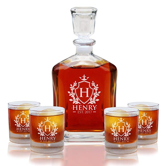 Personalized Custom Engraved Whiskey Decanter Set - Decanter and 4 Glasses Gifts Set - Custom Engraved Monogrammed with Shield Desgin