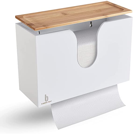 Cozee Bay Bamboo Paper Towel Dispenser, Paper Towel Holder with Lid for Home and Commercial, Wall Mount or Countertop for Multifold, C Fold, Z fold, Trifold Hand Towels (White)