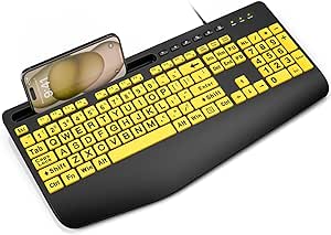 SABLUTE Wired Computer Keyboards Large Print Keys with Wrist Rest, Phone Holder, Big Letters Easy to Read Compatible Windows, Desktop, Laptop, Yellow