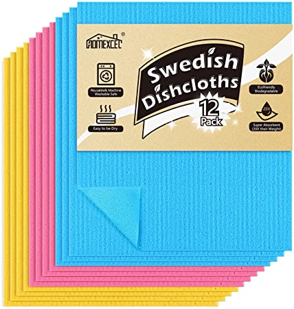 HOMEXCEL Swedish Sponge Dish Cloth,12 Pack Reusable,Abosorbent Hand Towels,Sponge Cloth for Kitchen,Bathroom and Cleaning Counters (Pink/Blue/Yellow Assorted)