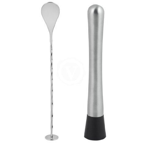 Stainless Steel Cocktail Muddler and Mixing Spoon Set By Varvino with a Lifetime Guarantee - Make Flavorful Cocktails with Ease