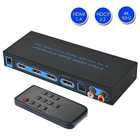 HDMI 1.4 Switch 3x1, FiveHome 3 In 1 Out HDMI Audio Extractor Splitter with Optical SPDIF & RCA L/R Audio Out, Supports 4K30HZ, ARC, Full 3D, 4kx2k, 1080P