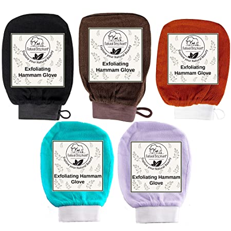 Natural Elephant Exfoliating Hammam Glove - Face and Body Exfoliator Mitt Black, Lilac, Teal, Orange, and Brown (Pack of 5)
