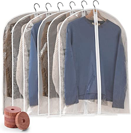 Perber Garment Bags for Hanging Clothes, 6 PCs Clear Garment Bag, Plastic Dustproof Suit Bag, Coat Protector Zippered Garment Covers for Closet Storage and Travel - 24'' x 40''/6 Pack