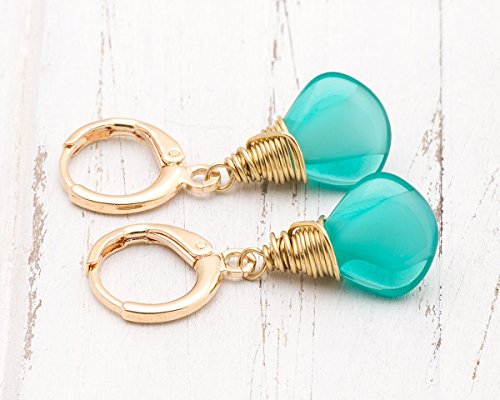 Mint Dainty Czech glass wire-wrapped bright gold hoop lever-back earrings 1.2 in