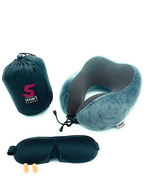 Smart Travel Memory Foam Neck Support Travel Pillow with Carry Case, Eye Mask and Ear Plugs, Compact and Lightweight for Sleeping on Airplane, Car, and Train (Dark Grey)
