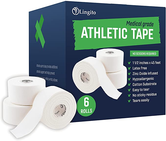 Athletic Tape or Sports Tape, Perfect for Muscle Pain Relief, 45ft Medical Tape for Shoulder, Knee, Finger, Ankle Or Use As Workout Tape, Gymnastics Tape, Soccer Tape or Other Sports (White - 6 Pack)