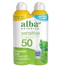 Alba Botanica Sensitive Sunscreen Spray for Face and Body, Fragrance-Free, Broad Spectrum SPF 50, Water Resistant, 5 fl oz Bottle (Pack of 2)