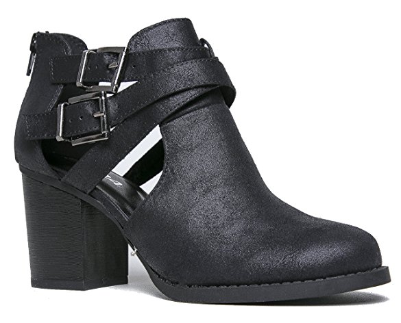 Cut Out Buckle Ankle Bootie - Low Stacked Wood Heel Western Round Boot - Vegan Leather Sammi by J. Adams