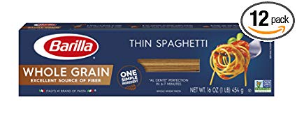 Barilla Whole Grain Pasta, Thin Spaghetti, 16 Ounce (Pack of 12)