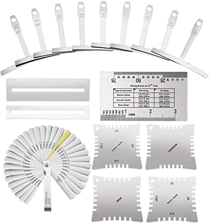 TIMESETL 17 Pcs Guitar Luthier Tools Including 4 Guitar Notched Radius Gauges, 9 Understring Radius Gauge Luthier Tools, 32 Blades Feeler Gauge, String Action Gauge Ruler and 2 Fingerboard Guards