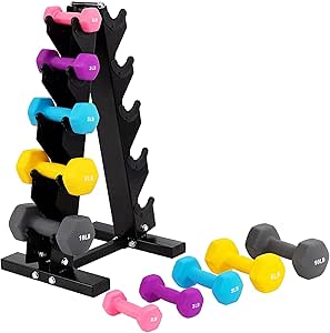 BalanceFrom Multi-Color or Black Neoprene Coated Hexagon Dumbbell Set with Stand, Multiple Sizes