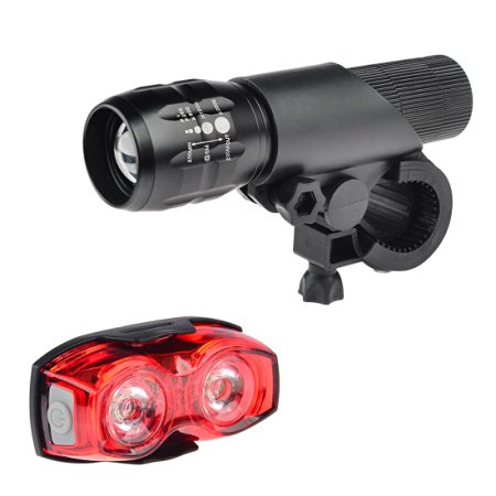 Bicycle Light, iTECHOR Zoomable Adjustable Focus LED Headlight Flashlight   Two Eyes Taillight Rear Bike Light Set, Quick-Release