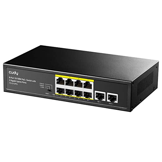 Cudy 8 Port PoE  Switch with 2 Gigabit Uplink Ports 120W, 8 10/100Mbps PoE @120W, Extend/VLAN Mode, 802.3af/at Standard, Fanless, Watchdog, Plug and Play FS1010PG