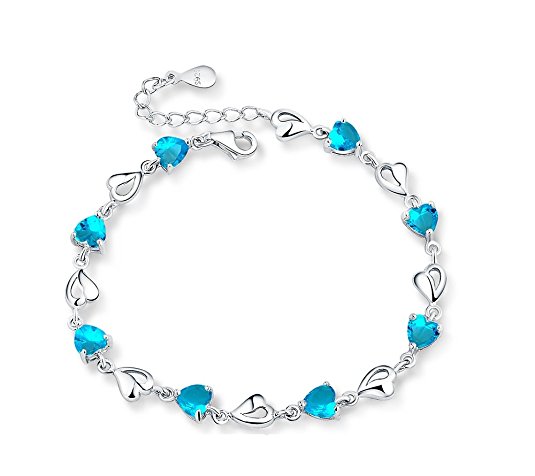 Sterling Silver Cubic Zirconia Multiple Hearts Link Chain Bracelet, Adjustable, Great Gift For Women-Purple, Blue, White