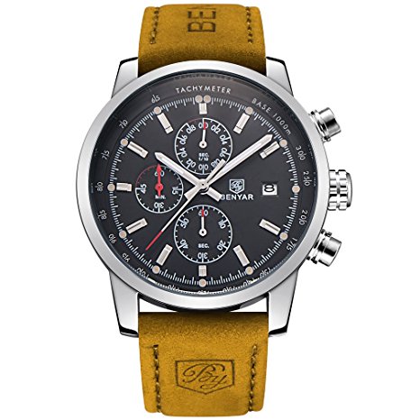 BENYAR Quartz Chronograph Waterproof Watches Business Casual Sport Brown Leather Band Strap Wrist Watch