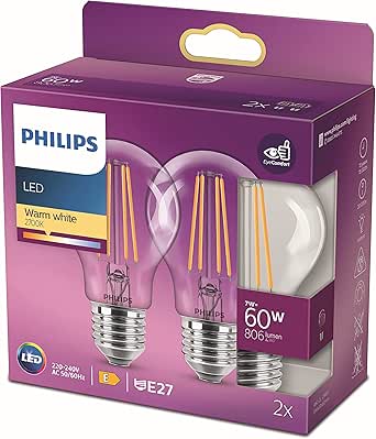 Philips ampoule LED Standard E27 60W Blanc Chaud Claire, Verre, Lot de 2