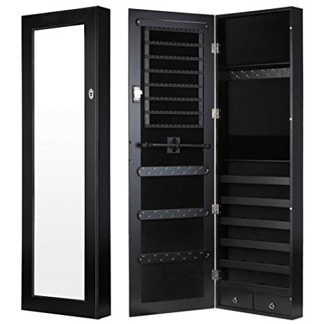 Homegear Modern Door/Wall Mounted Mirrored Jewelry Cabinet Organizer Storage Black