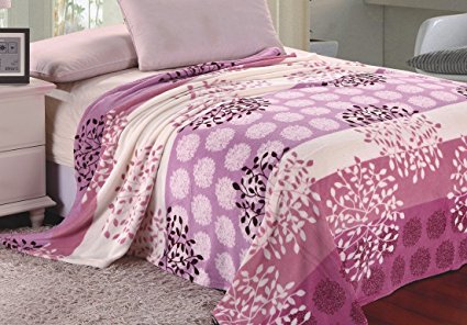 Super Soft Polyester Microplush Pink Lavender Lilac Floral Print Blanket - King