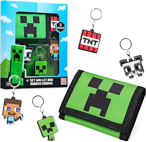 Minecraft Boys Wallets for Kids with Card Slots Boys Wallet with Zip Coin Pocket Creeper Keyrings for Kids Gamer Accessories Gift Set Gaming Gifts for Boys