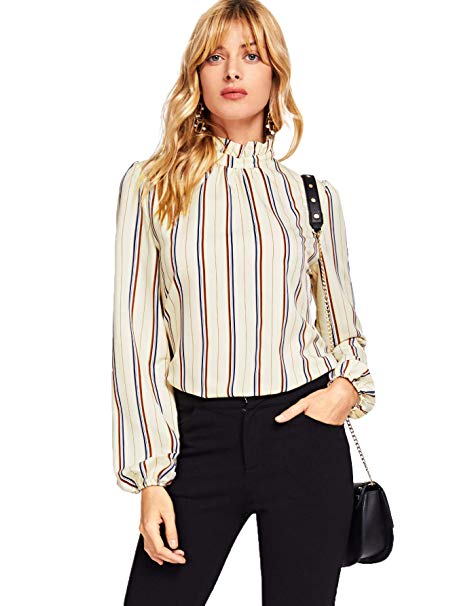 Romwe Women's Elegant Striped Stand Collar Workwear Blouse Top Shirts