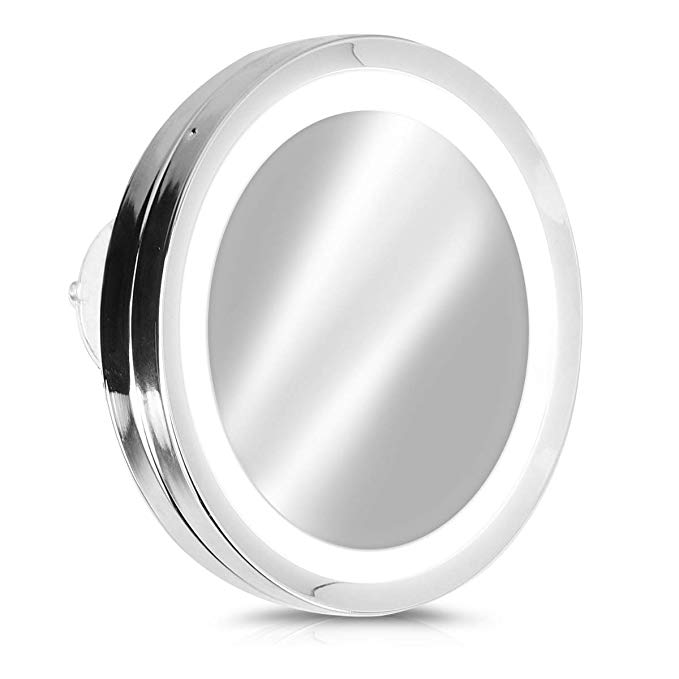 Navaris LED Magnifying Makeup Mirror - Wall Mounted Cosmetics Mirror with Suction Cup, 5x Magnification - Travel Bathroom Vanity Mirror - Silver