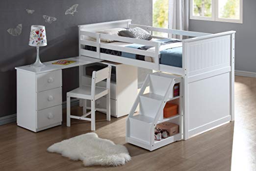 ACME Wyatt White Loft Bed with Chest and Swivel Desk