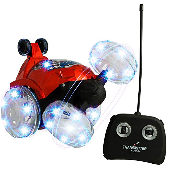 Red RC Remote Controlled Stunt Car with 360◦ Front Wheels for Flipping, Spinning and Racing, Lights Up & Music by Dimple