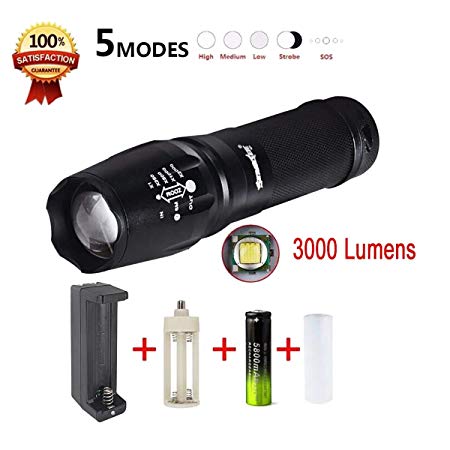 Lolipp 3000 High Lumen Ultra Bright G700 LED Zoom Flashlight X800 Military Tactical Torch Battery Charger with Adjustable Focus and 5 Light Modes for Camping Hiking