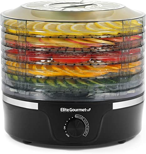 Elite Gourmet Food Dehydrator, 5 BPA-Free Stackable Trays for Jerky Herbs Fruit Veggies Snacks, Black